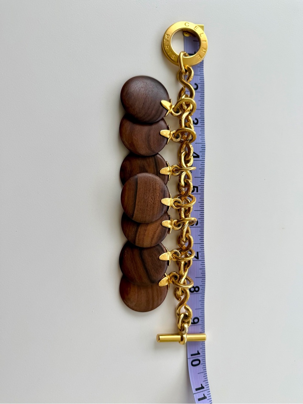 Celine Vintage Gold-Tone Chain Bracelet with Brown Wood Disc Charms - Picture 2 of 13